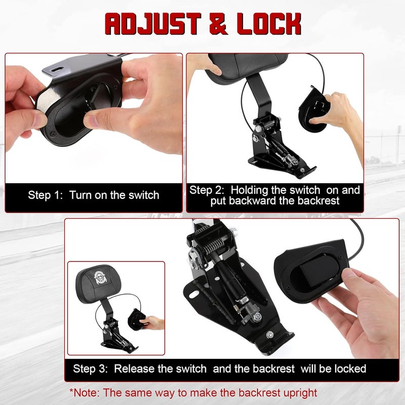 INNOGLOW Motorcycle Adjustable Driver Backrest Rider Backrest w/Skull Pattern Black Arm for Harley Touring Electra Glide Road Glide Road King Street Glide CVO 2009-2020 - Image 3
